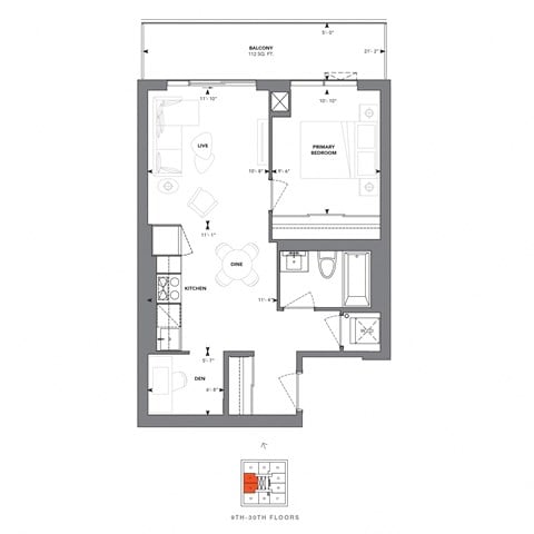 Floor plan for 1 bed, 1 bath, 603 sqft